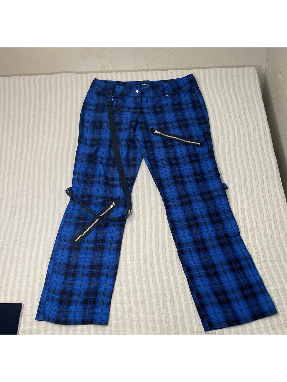 Rare Vintage Lip Service Blue Black Tartan Bondage Pants Size 16 Goth Scene Y2K